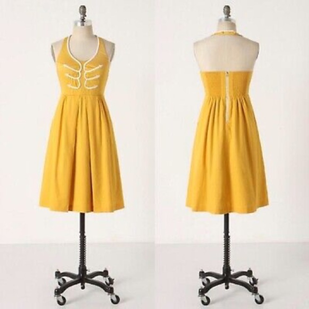 Anthropologie Yellow Sleeveless Fit-and-Flare Dress with Ivory Trim